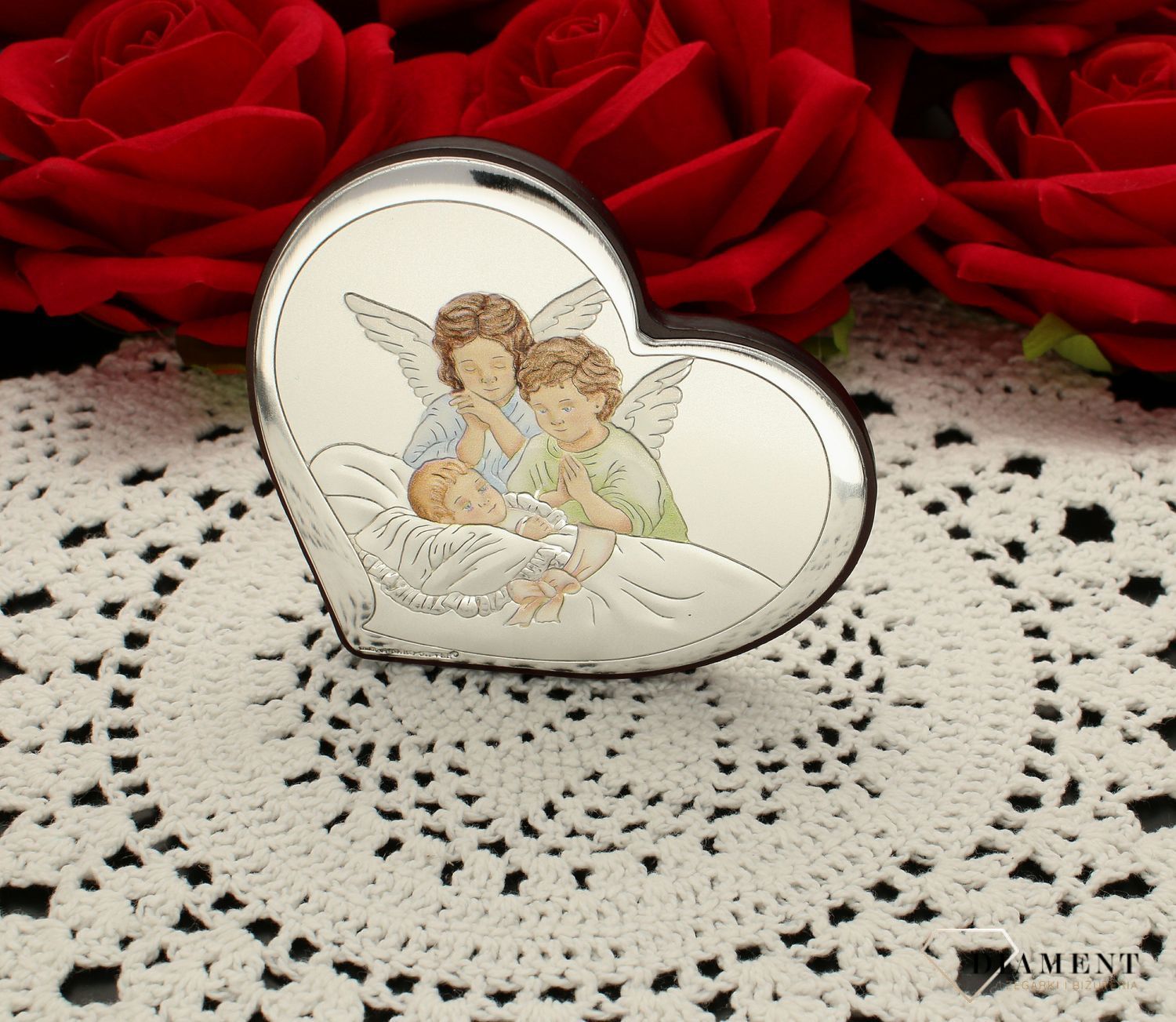 Piękny obrazek w kształcie serca,Pamiątka Chrztu Św. Aniołki 6450.1 COL. Obrazek na chrzciny. Kolorowy obrazek z aniołkami. Obrazek srebrny z grawerem gratis..jpg